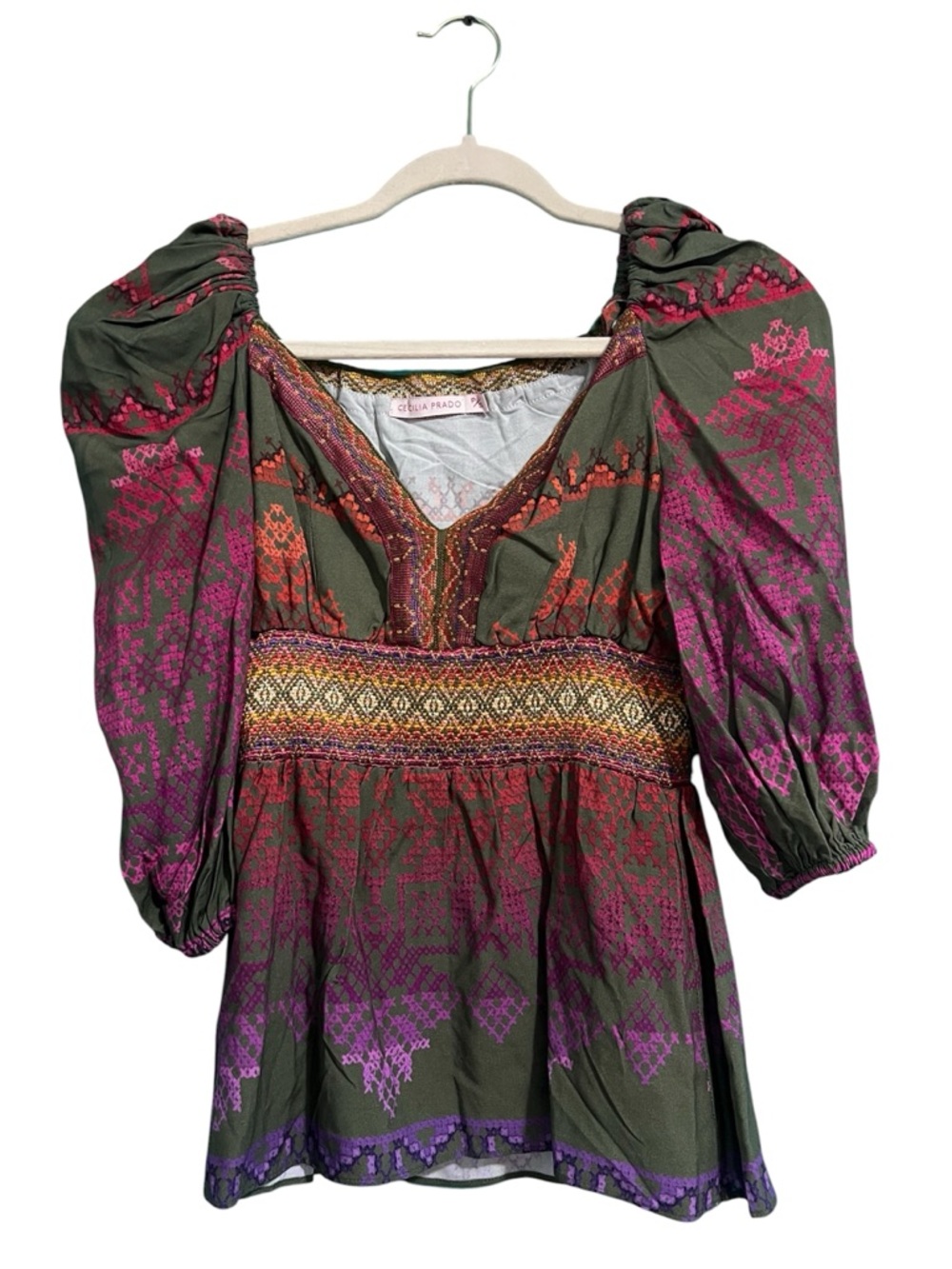 Cecilia Prado Blouse  Size S  Green Embroidered Boho-Style Top with Sleeves 3/4